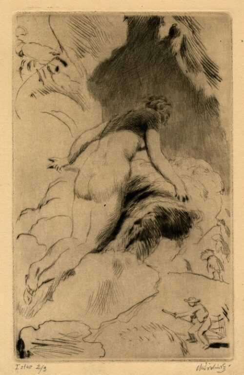 Bohyně dívající se z oblaku na žence (I. stav)