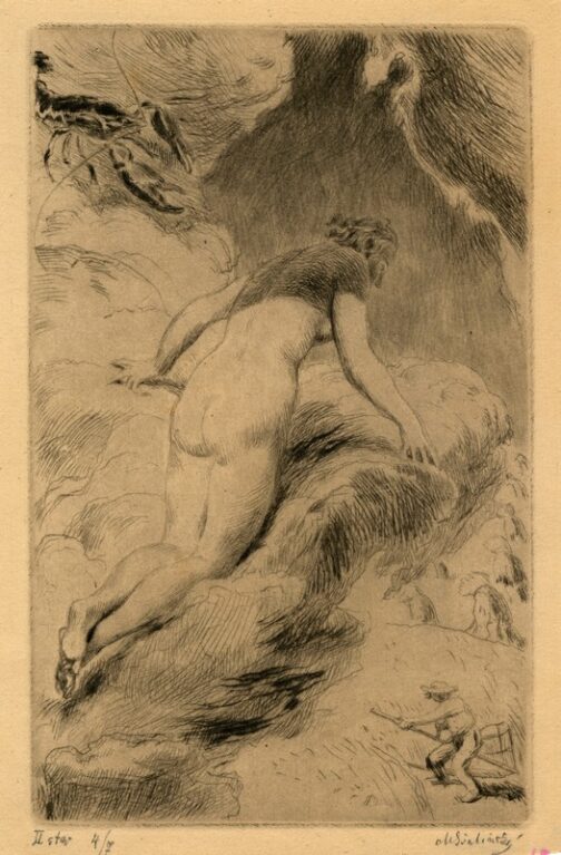 Bohyně dívající se z oblaku na žence (II. stav)