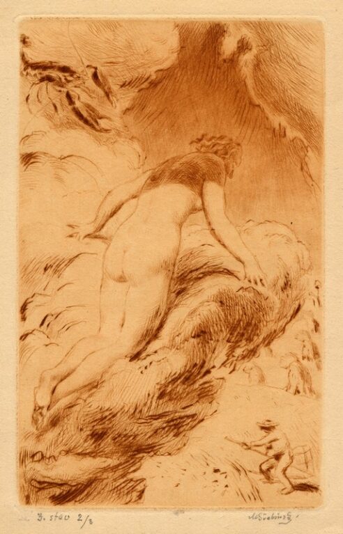 Bohyně dívající se z oblaku na žence (III. stav)