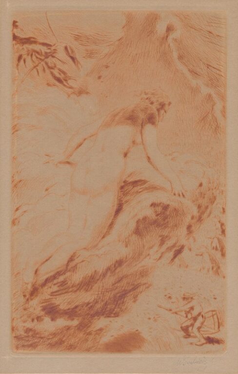 Bohyně dívající se z oblaku na žence