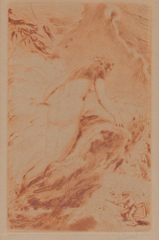 Bohyně dívající se z oblaku na žence